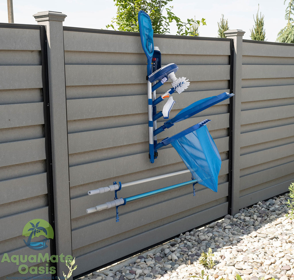 AquaMate Oasis Swimming Pool Accessories Holder, Fence Hooks for Pool Equipment Organizer, Pool tool storage rack for Pool Skimmer Pole Hanger Pool Maintenance Vacuum hose Storage Pool Hooks for Poles