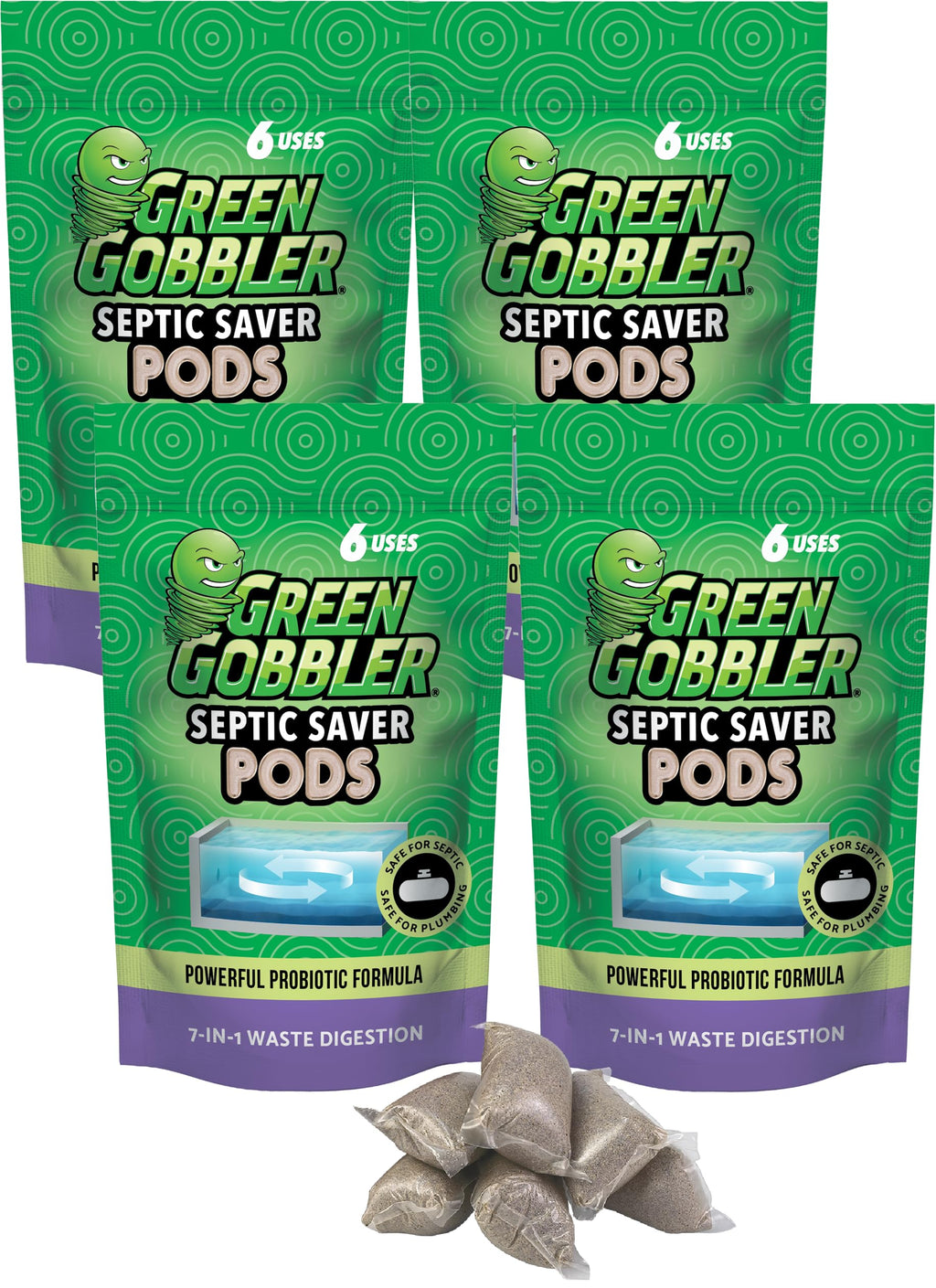 Green Gobbler Septic Tank Treatment Packets - Natural Bacteria to Prevent Costly Septic Issues, Back-Ups, Foul Odor (24 Pods) Pod: Color May Vary