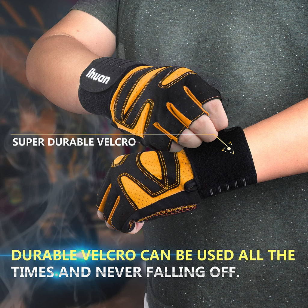 ihuan Ventilated Weight Lifting Gym Workout Gloves with Wrist Wrap Support for Men & Women, Full Palm Protection, for Weightlifting, Training, Fitness, Hanging, Pull ups (Orange, M)