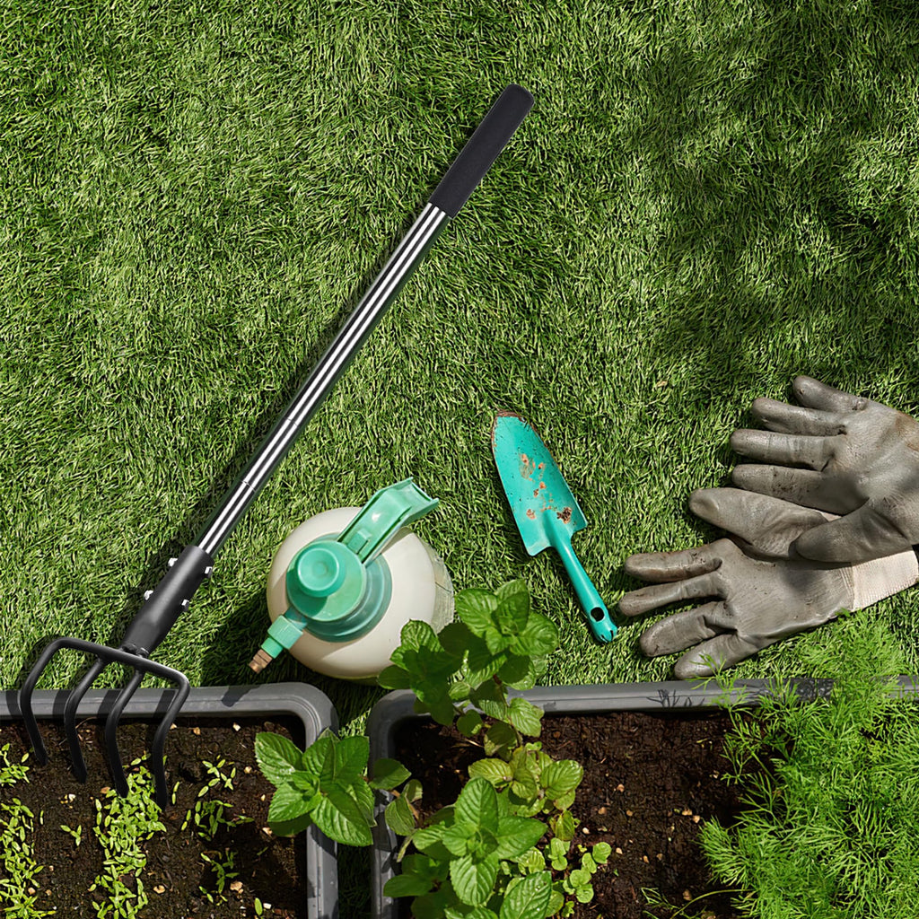 BARAYSTUS Long Hand Cultivator, Carbon Steel & Stainless Steel Tiller Cultivator, Garden Cultivator with Telescopic Handle and Soft Handle Cover, Hand Tiller for Digging Loosening Weeding