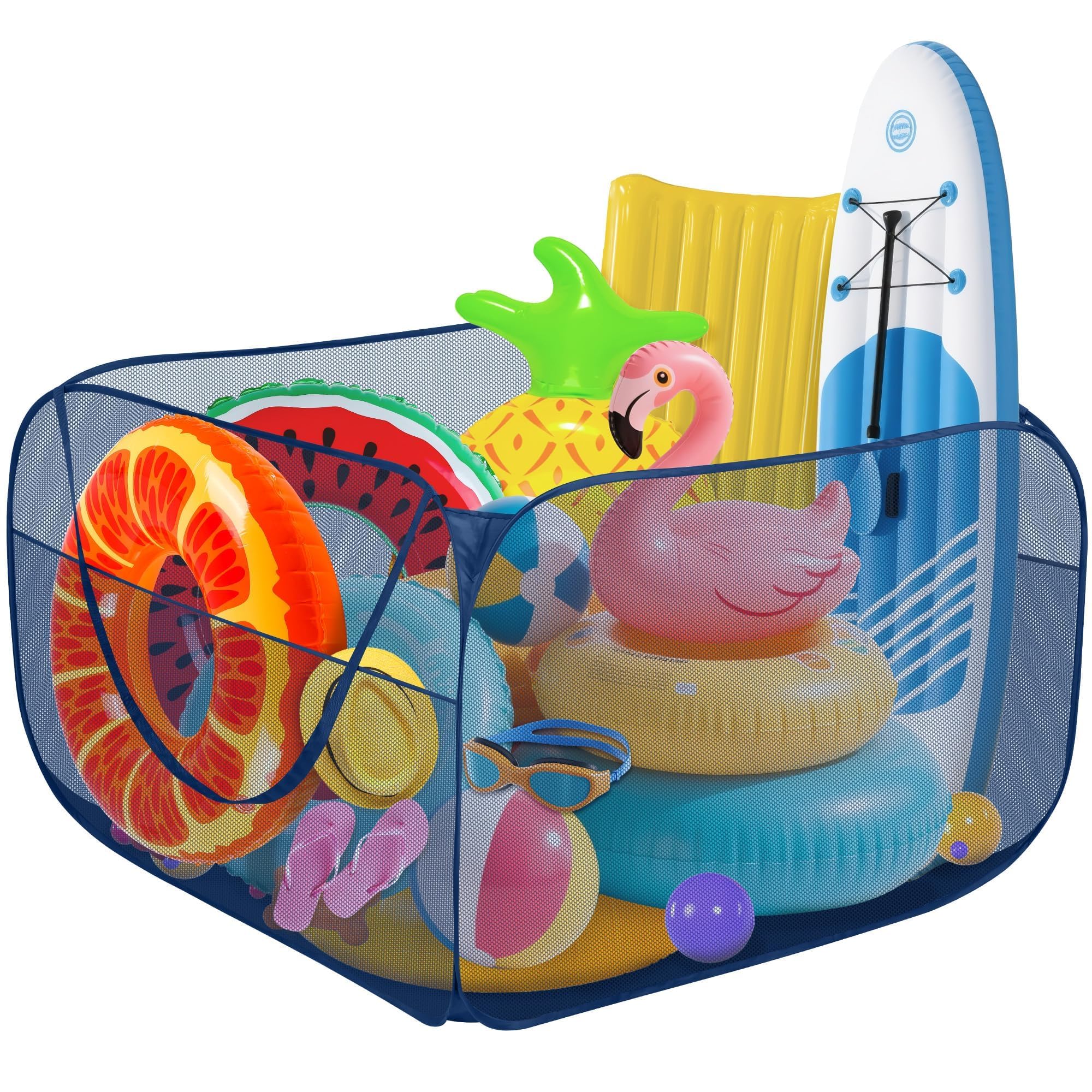 Hahood Pop-up Pool Toy Storage Bin 47 x 47 x 31 Inch Mesh Pool Organizer Bag with 2 Side Pockets for Inflatable Toys, Floats, Beach Balls,Towels and Other Swimming Accessories
