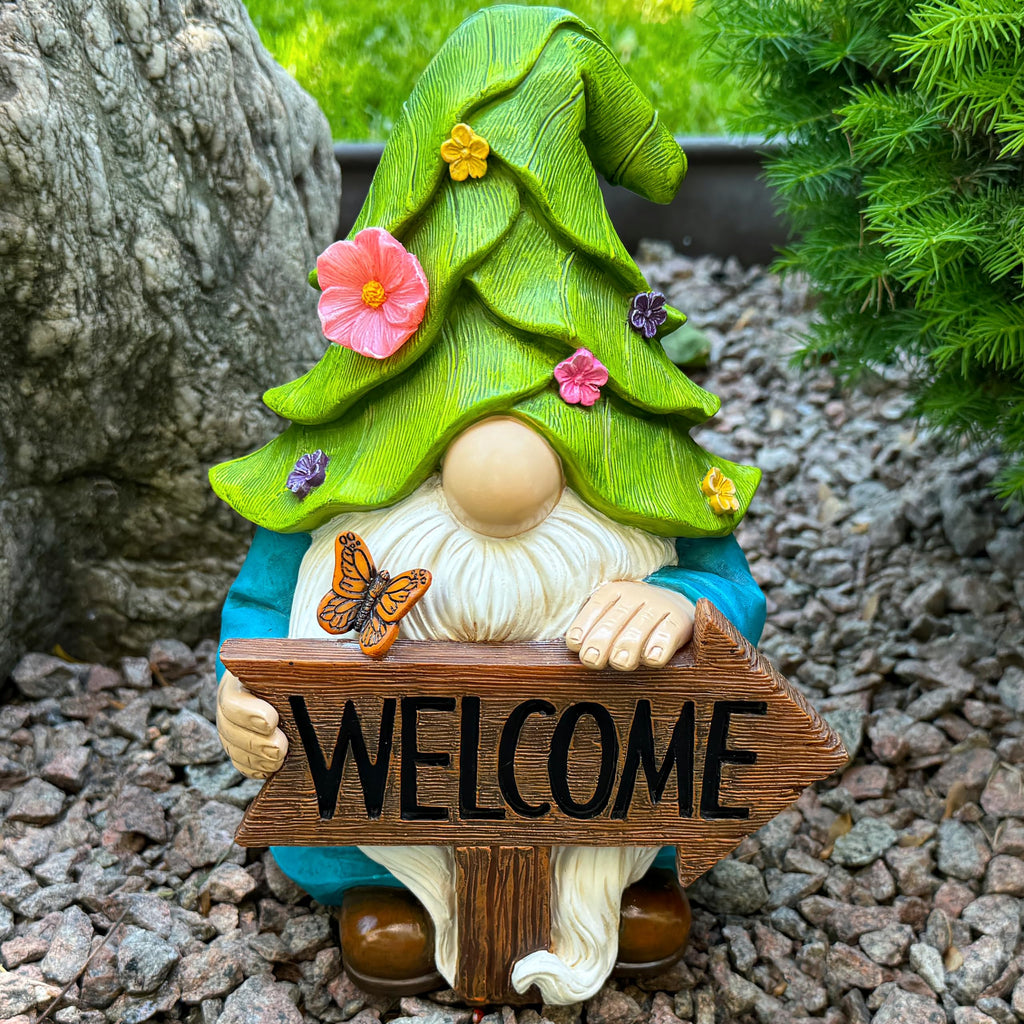 Mood Lab Garden Gnome - Solar Gnome Figurine with Welcome Sign - 9.1 Inch Decor Outdoor Lawn Statue with LED Lights