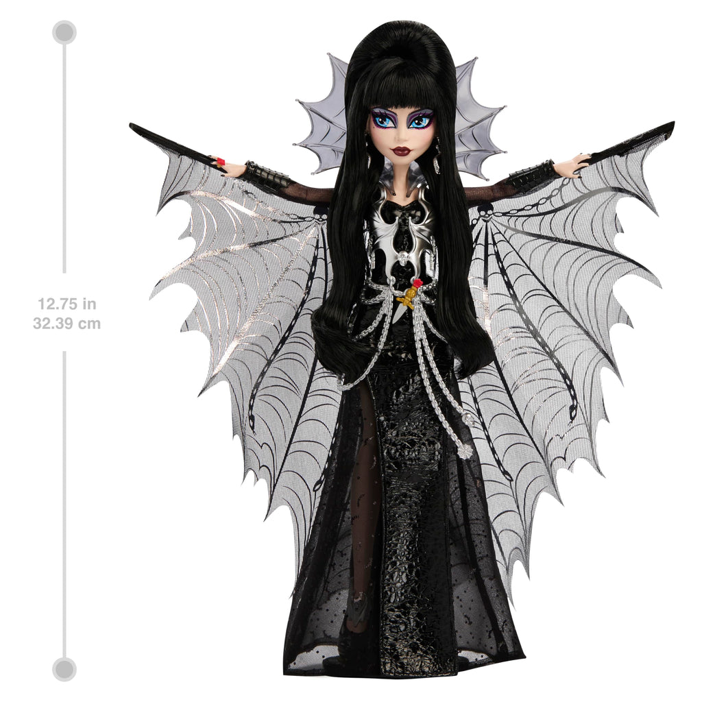 Monster High Doll, Elvira, Mistress of The Dark Collectible in Black Faux Leather Dress with Silvery Batwing Cape and Premium Accessories