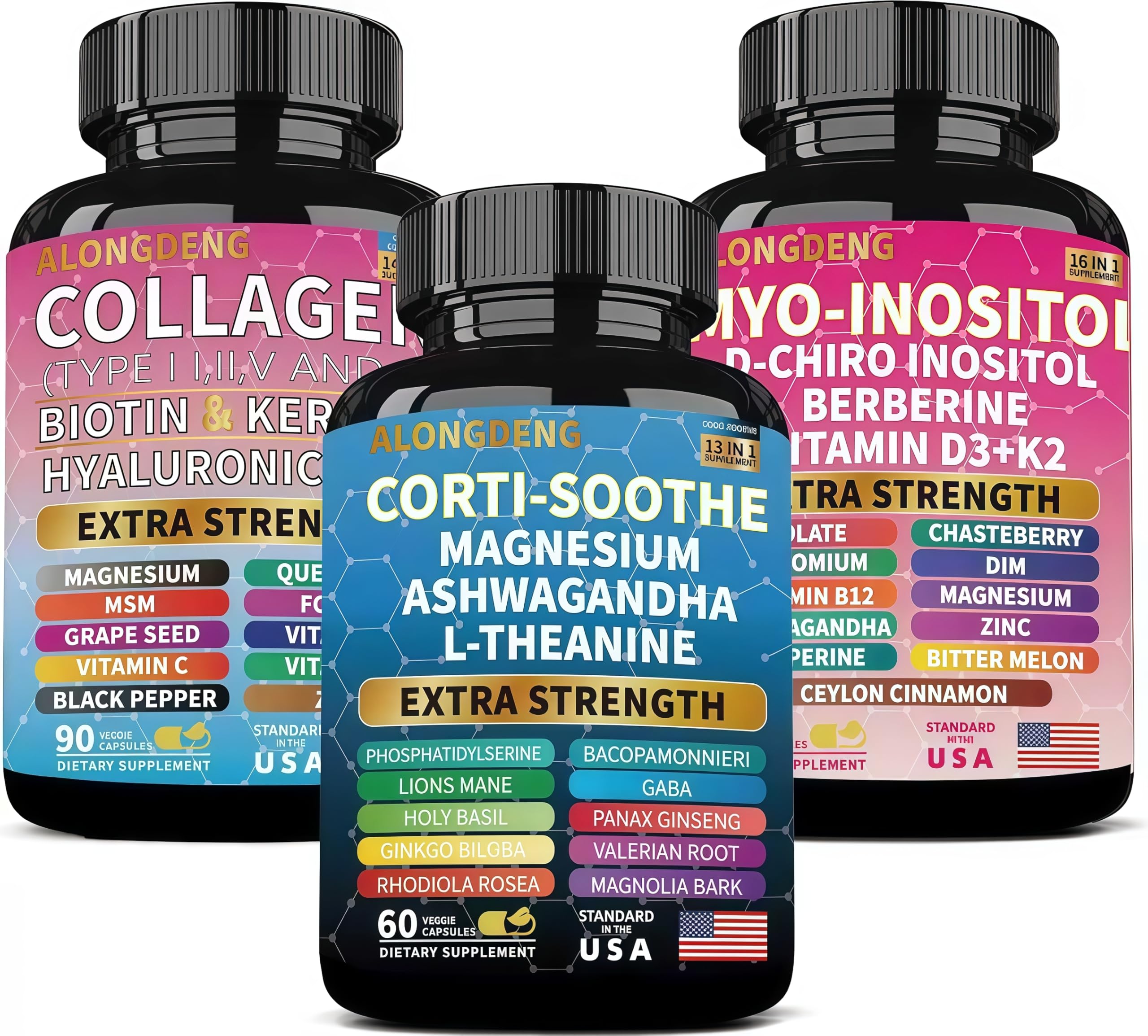 ALongDeng She Shines Set - Ultimate Women's All-in-One Supplement with Corti-Soothe, Myo-Inositol, Collagen & Extra Strength Ingredients