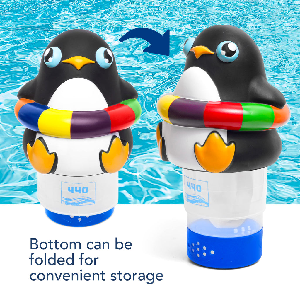 440 Pool Chlorine Floater Dispenser, Fits Up to 3 Pieces of 3-Inch Chlorine Tabs, Adjustable Flow, Control, Heavy-Duty Plastic - Suitable for Small & Large Pools - 8 Ounces | Cartoon Penguin