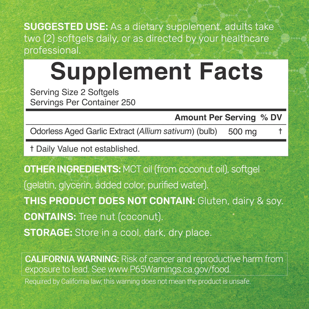 Odorless Aged Garlic, 500 Softgels – Enhanced with MCT Oil - Fresh Allium Sativum Bulb Source – 2-Years Aged Garlic Extract – Non-GMO, cGMP Manufactured