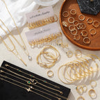 IFKM Gold Jewelry Set For Women, 14k Gold Plated Multi Layer Necklaces Bracelets Stackable Knuckle Rings Hoop Earrings set, Trendy Elegance Charms Non Tarnish Minimalist Textured Boho Jewelry Gift