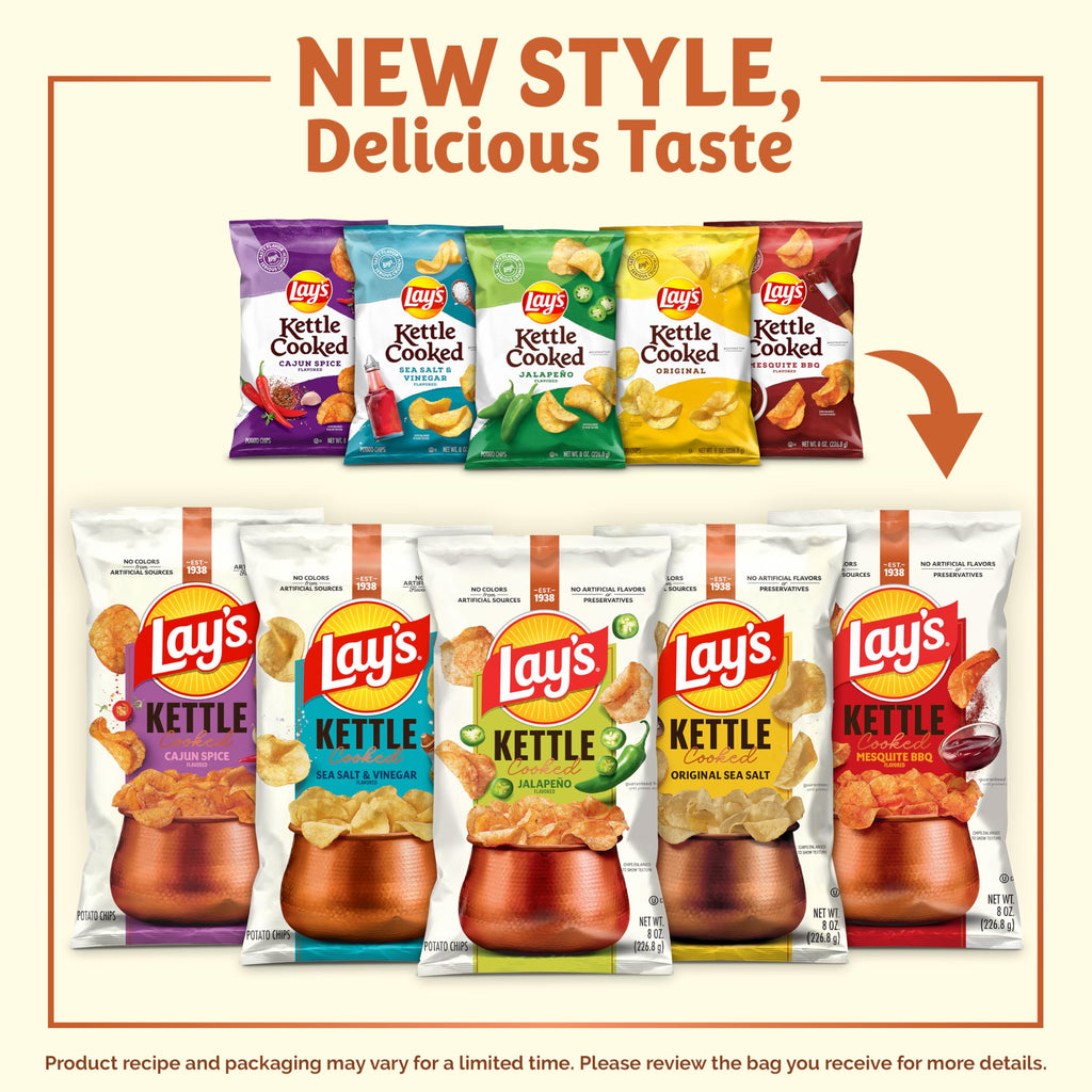 Lay's Kettle Cooked Potato Chips, 40% Less Fat Jalapeño Cheddar, 1.375 Ounce (Pack of 64)