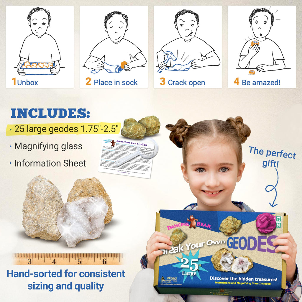 DANCING BEAR 25 Break Your Own Geodes, 90% Hollow, (Large 1.75-2.5") Crack Open & Discover Amazing Surprise Crystals Inside! Educational Info and Instructions Included, Fun Party Favors & Prizes