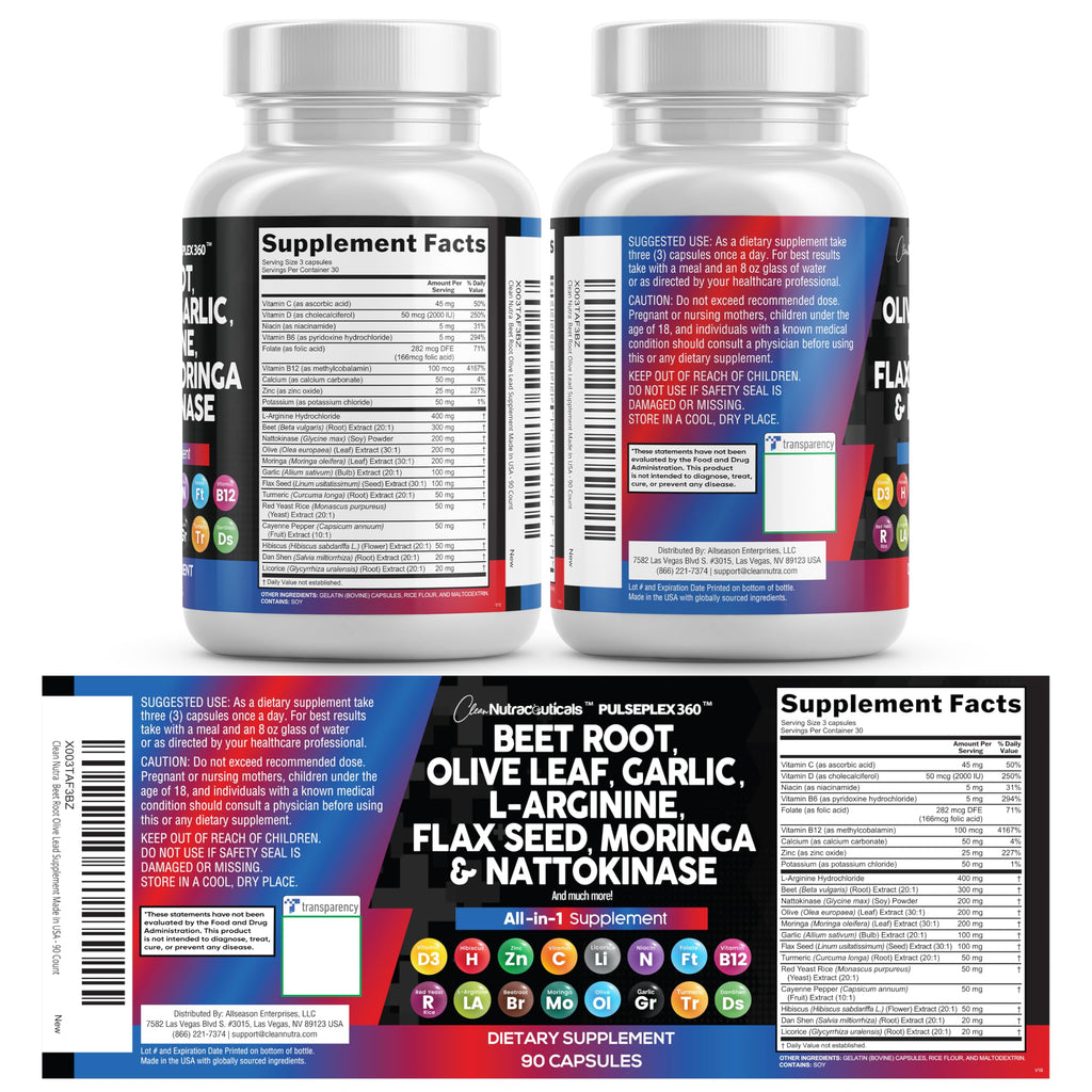 Clean Nutraceuticals Beet Root Capsules Olive Leaf Nattokinase Garlic Extract L-Arginine Omega 3 Red Yeast Rice Hibiscus Danshen - Healthy Support Supplement - 90 Ct