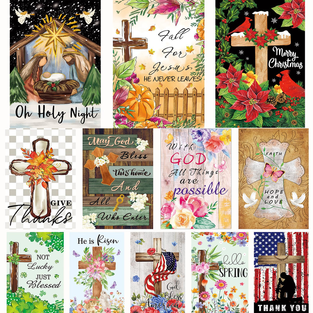 Christian Seasonal Garden Flags Set of 12, Double Sided 12 x 18 Inch Flags