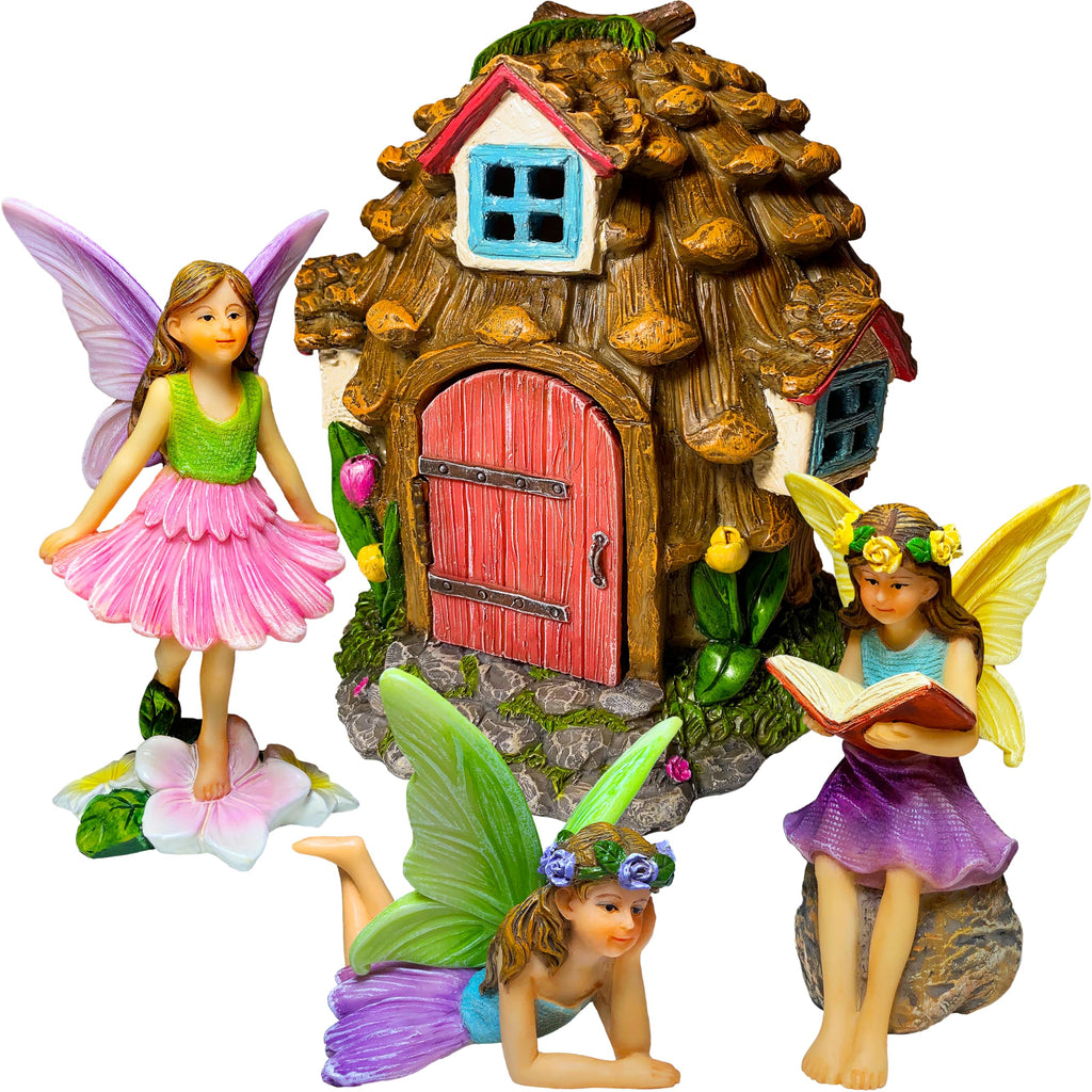 Mood Lab Fairy Garden Figurines - Pinecone Fairy House Set (4 pcs) - Miniature Decorative Statues & Accessories - Outdoor & Indoor Garden Decor