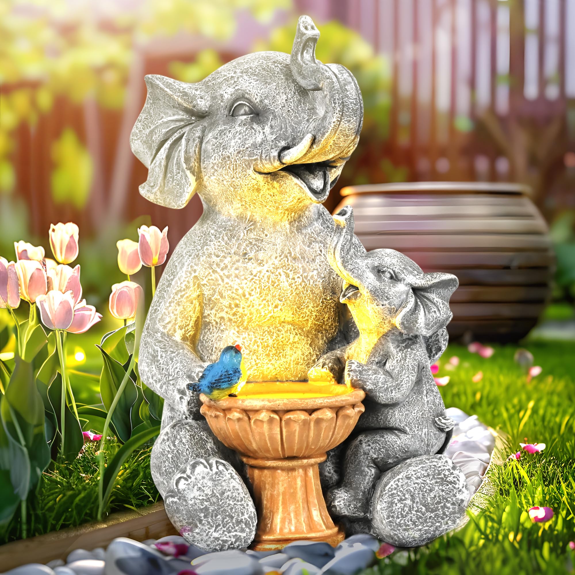 GIGALUMI Solar Garden Statues Bird Bath Elephant 9", Loving Elephant Decor, Yard Decorations Outdoor, Elephant Figurine Lights for Outside, Garden Decor Unique Housewarming Gifts for Women, Mom