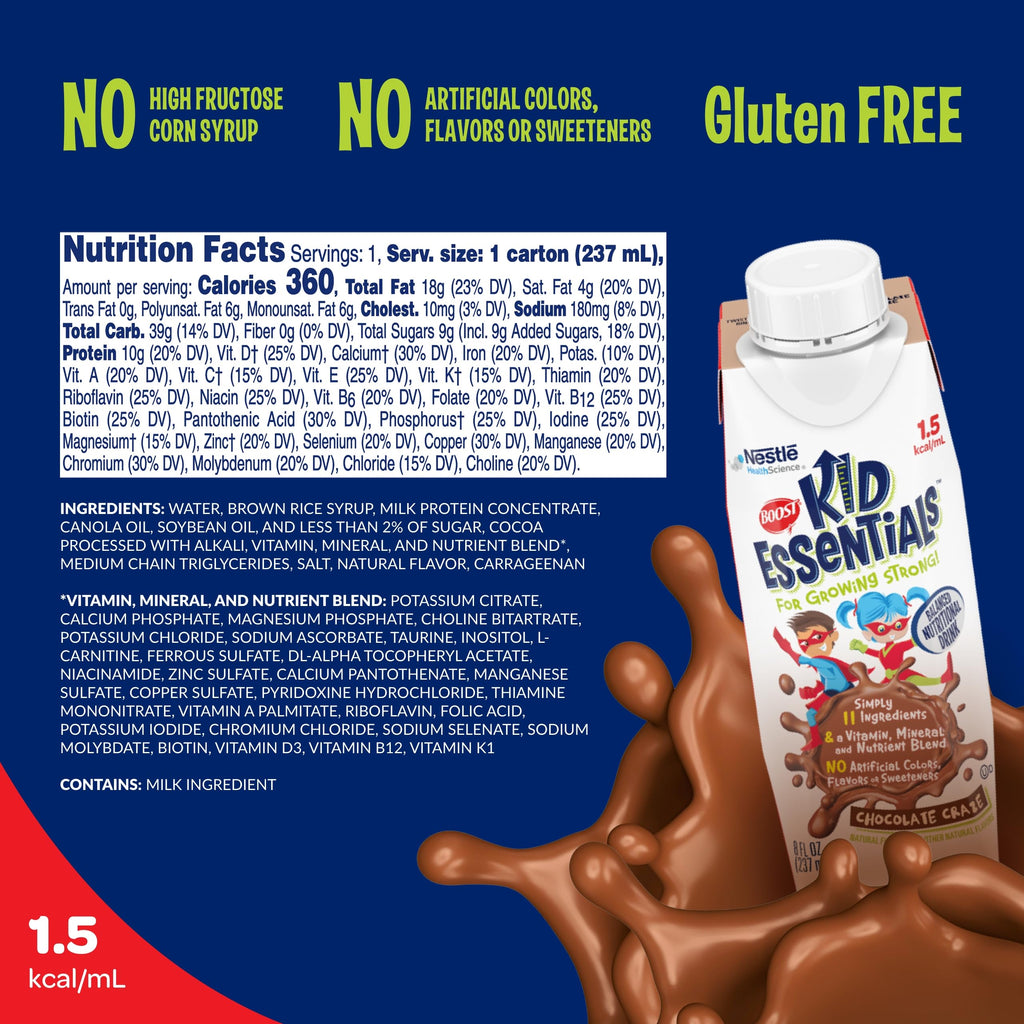 BOOST KID ESSENTIALS (1.5 kcal/mL) Chocolate Craze Nutritional Drink, 10g Protein, Vitamin C, D , B12, and Zinc, 8 Fl Oz (Pack of 24)