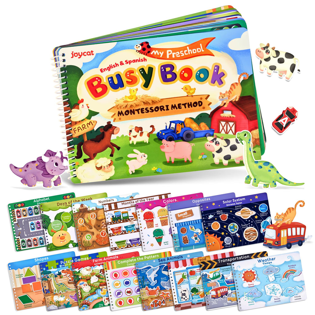 JoyCat Preschool Busy Book for Toddlers 3-5, Dual-Language Learning Activities, Educational Sensory Toys, Autism Learning Materials for Boys & Girls, English and Spanish Version