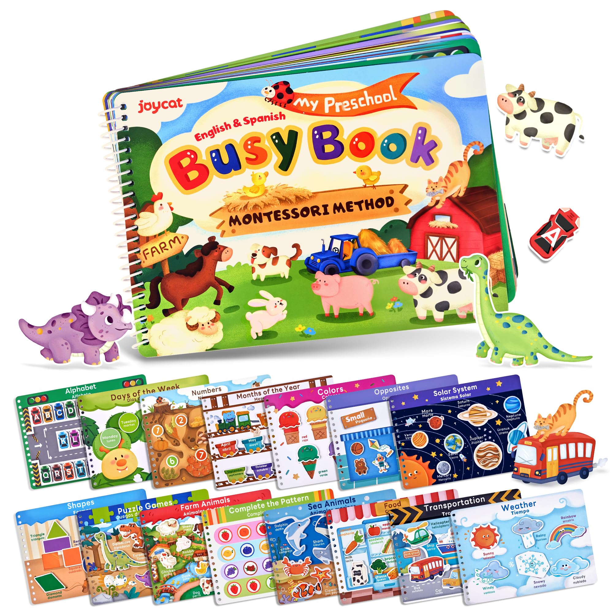 JoyCat Preschool Busy Book for Toddlers 3-5, Dual-Language Learning Activities, Educational Sensory Toys, Autism Learning Materials for Boys & Girls, English and Spanish Version