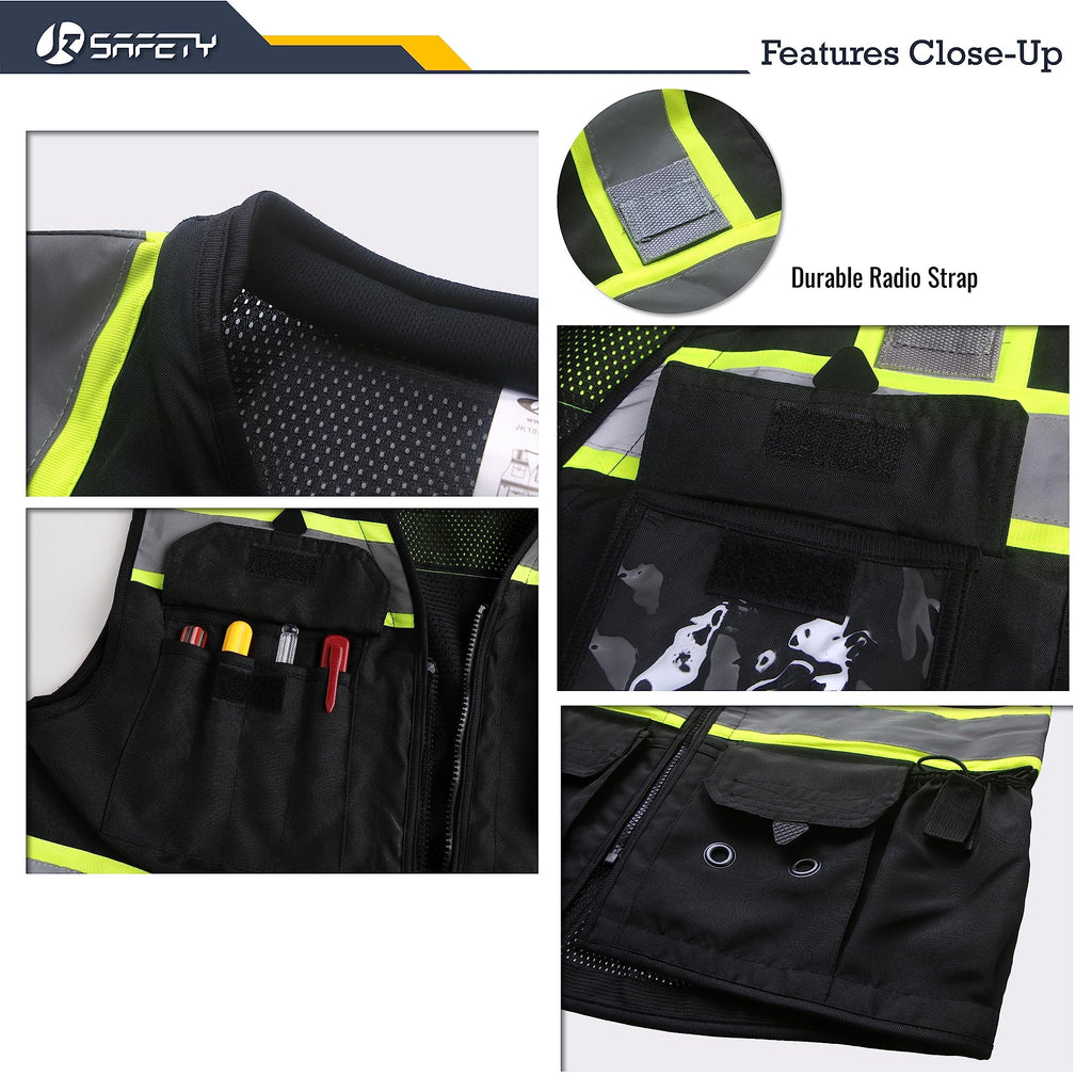 JKSafety Hi-Vis Black Surveyor Safety Vest for Men Women High Visibility Reflective Construction Vest Mesh Cushioned Collar Heavy Duty PPE Inner Pockets ANSI/ISEA Compliant(188-Black L)