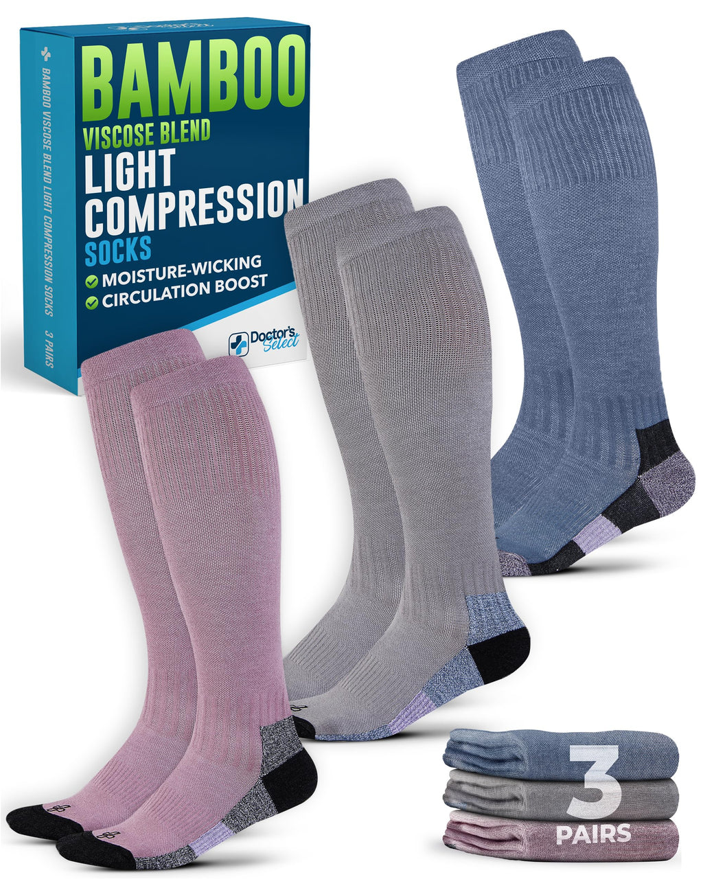 Doctor's Select® Bamboo Viscose Light Compression Socks for Women & Men - 3 Pairs, Knee High Comfort and Support, 8-15 mmHg Compression Socks Women, Gray, Blue, Rose