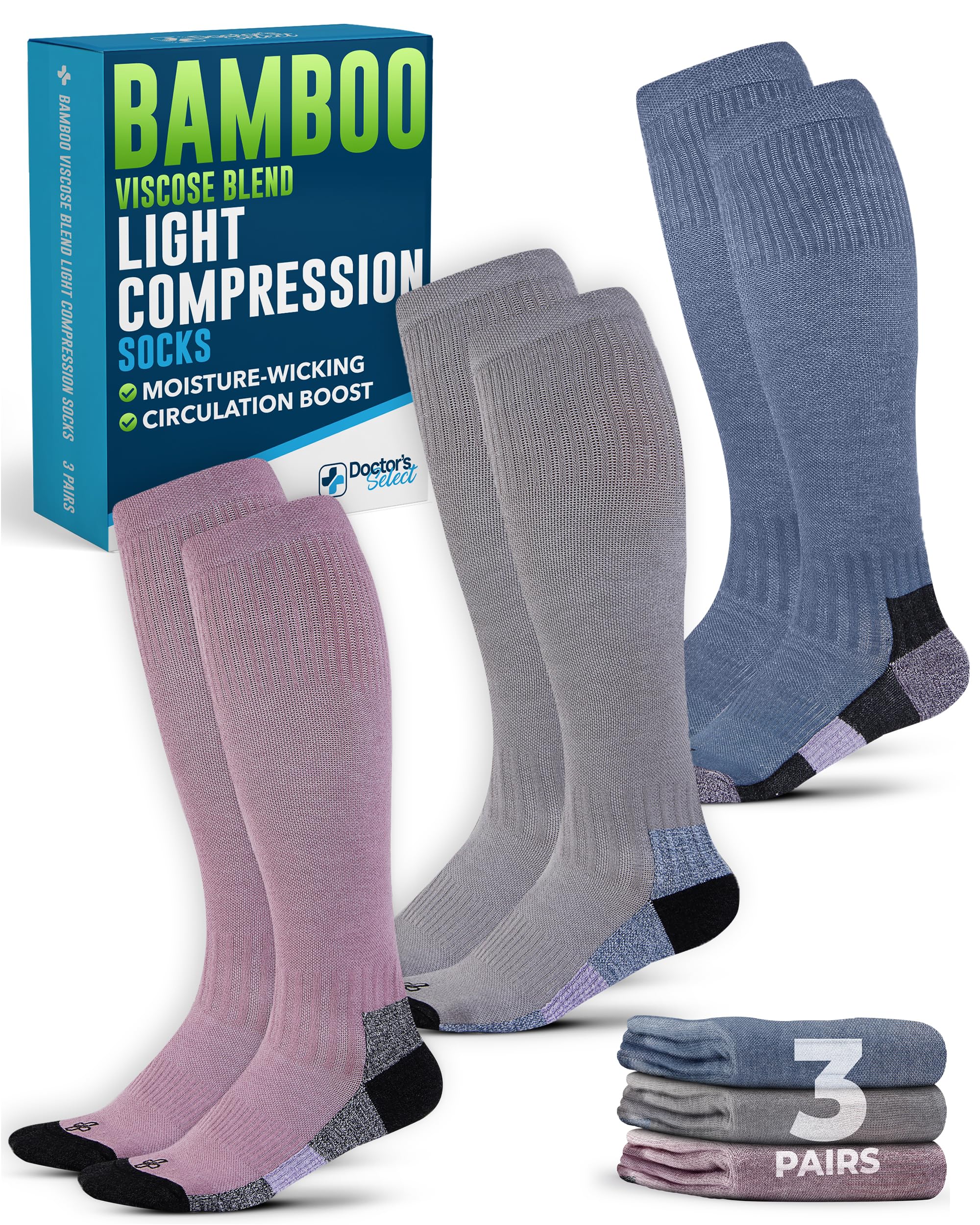 Doctor's Select® Bamboo Viscose Light Compression Socks for Women & Men - 3 Pairs, Knee High Comfort and Support, 8-15 mmHg Compression Socks Women, Gray, Blue, Rose