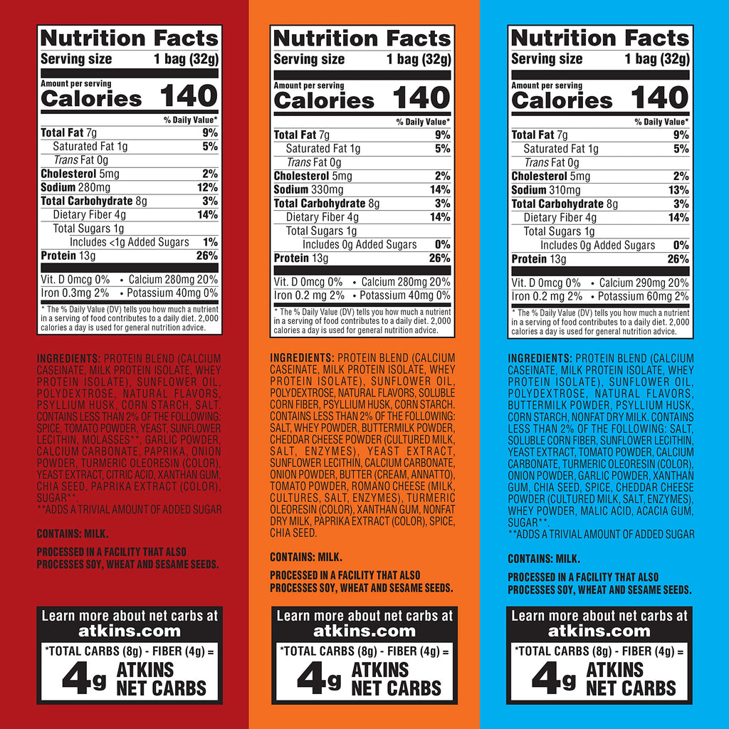 Atkins Protein Chips Variety Pack, 4g Net Carbs, 13g Protein, Gluten Free, Low Glycemic, Keto Friendly, 12 Count
