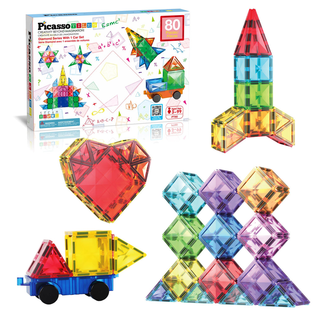 PicassoTiles 80 Pcs Magnetic Building Tiles Magnet Building Block Toys W/Car Diamond Educational Construction Playset Toy for STEM Sensory Gifts Kid Brain Development Stacking Blocks Construction Set