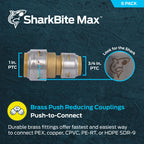 SharkBite Max 1 x 3/4 Inch Reducing Coupling, Pack of 6, Push to Connect Brass Plumbing Fitting, PEX Pipe, Copper, CPVC, PE-RT, HDPE, UR060