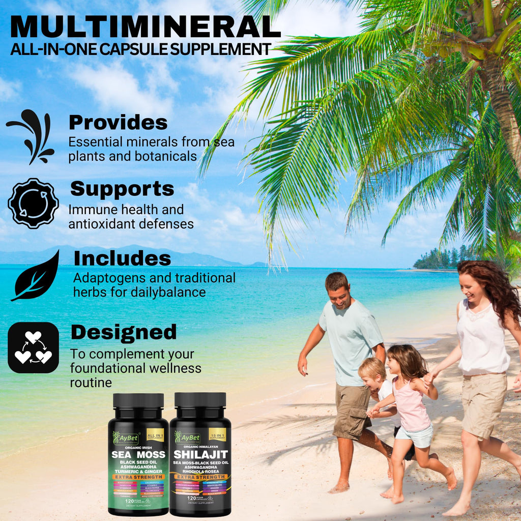 AyBet Sea Moss & Himalayan Shilajit Supplement Combo–Herbal Formula with Black Seed Oil, Ashwagandha, Rhodiola, Turmeric, Ginger – Mineral, Antioxidant Support–Organic, Halal, Vegan Capsules–240 Count