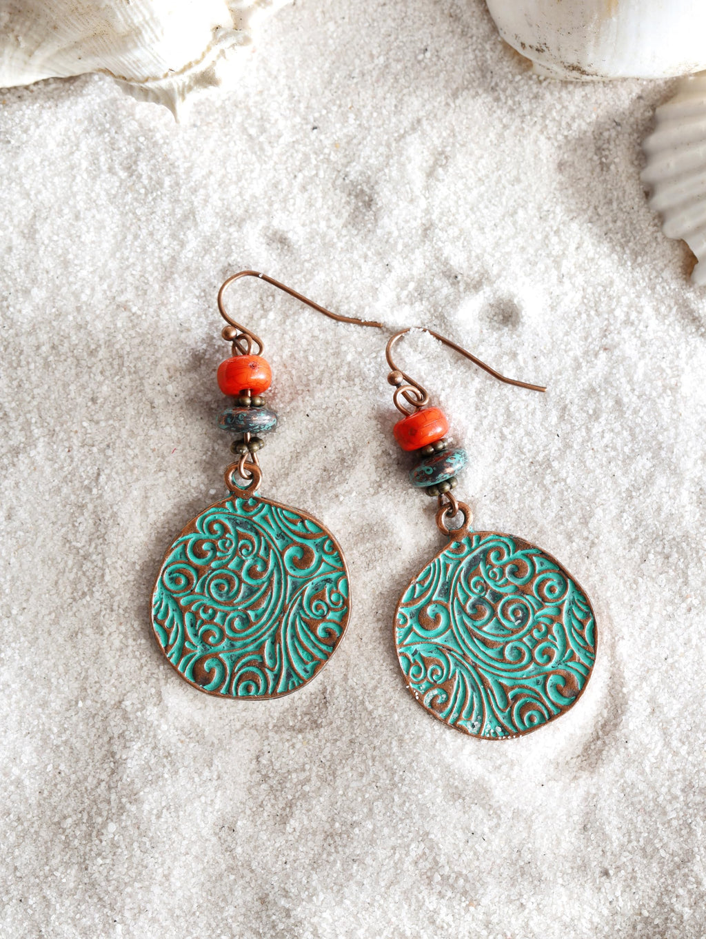 MINACHI Bohemian Engraved Circle Disc Dangle Drop Earrings with Bead Accents, Boho Hippe Jewelry Gift for Women