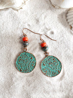 MINACHI Bohemian Engraved Circle Disc Dangle Drop Earrings with Bead Accents, Boho Hippe Jewelry Gift for Women