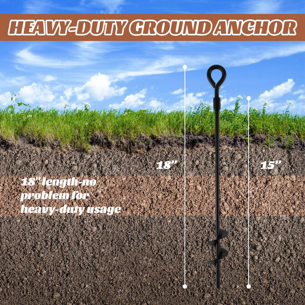 MIXXIDEA18 Inch Ground Anchors Screw in Folding Ring Spiral Metal Ground Stakes Dog Tie Out Stake Spiraling Anchor Trampoline Anchors for Tent (black-8pk)