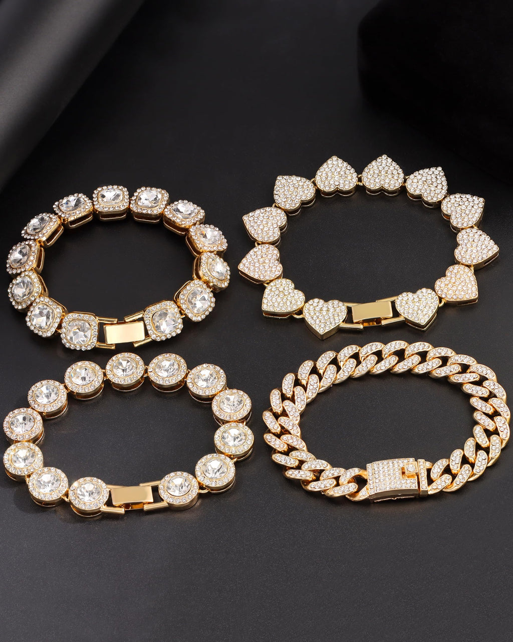shopbyskyler 4PCS Gold Bracelets for Women Silver Clustered Tennis Bracelet for Women Heart Round Diamond Cuban Bracelet Layered Link Bracelet Set Fashion Jewelry for Women Set (Gold, 7inch)