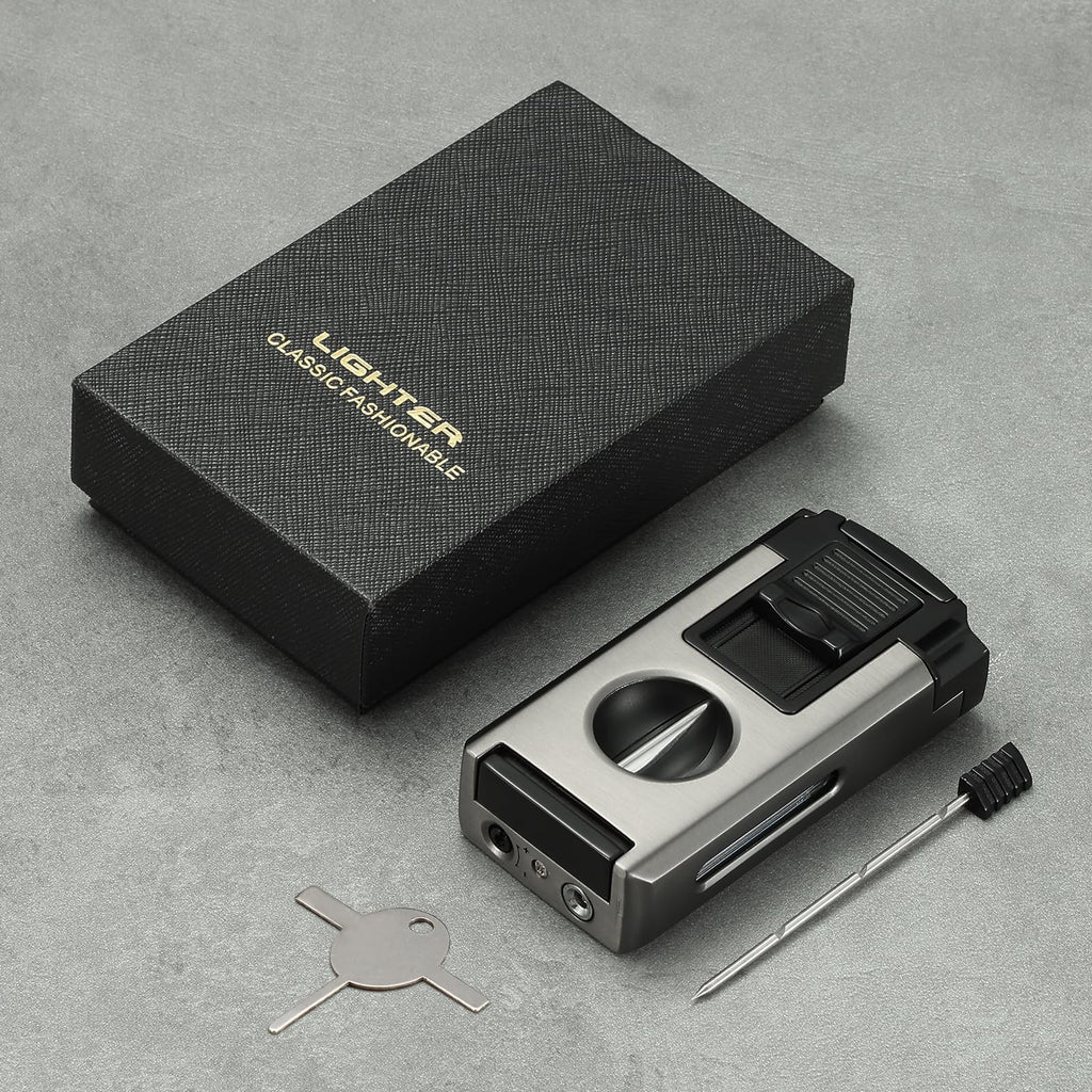All in One Jet Flame Butane Torch Lighter Built-in Cutter V Cut, Punch, Holder Function, Draw Enhancer Tool, Refillable and Adjustable Windproof Gas Lighter, Black and Grey (Sold Without Gas)