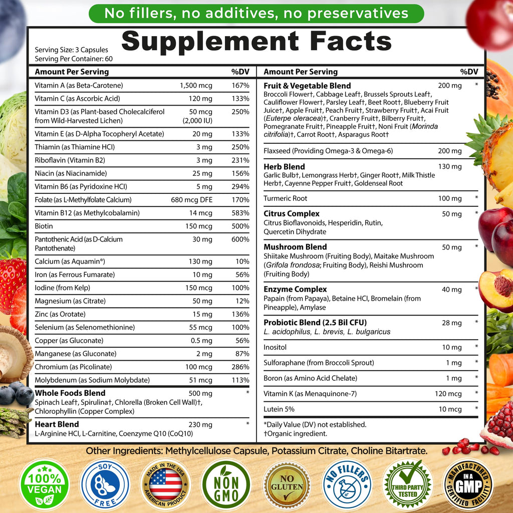 Vegan Whole Food Daily Multivitamin with Iron, Methylated Multivitamin for Women and Men, Made with Fruits & Vegetables, B-Complex, Probiotics, Enzymes, CoQ10, Omegas, Turmeric, Non-GMO, 180 Count