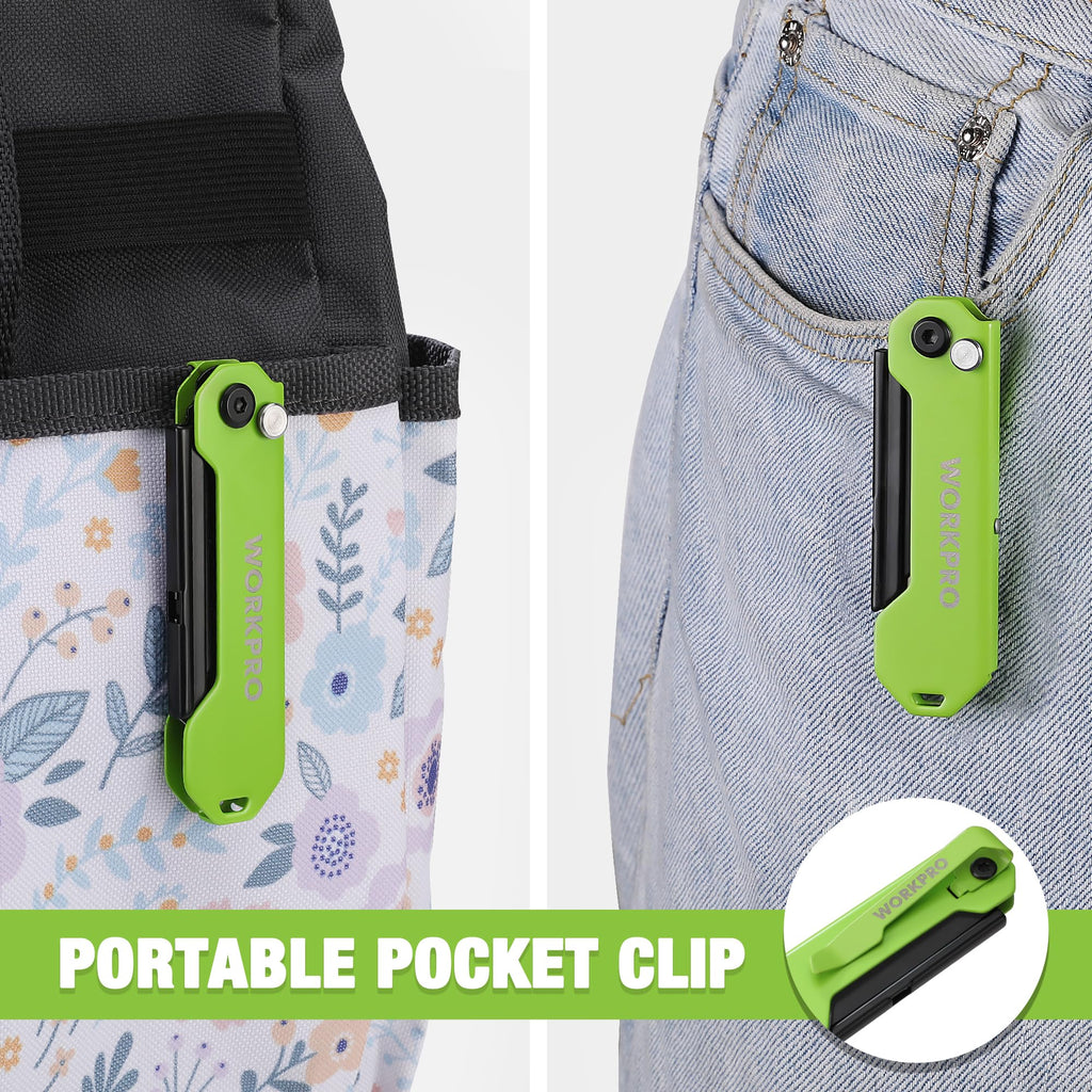 WORKPRO 3-Pack Folding Utility Knife, Razor Blade Knife with Safety Axis Lock, Quick Change Blade Box Cutter, EDC Pocket Knife with Belt Clip
