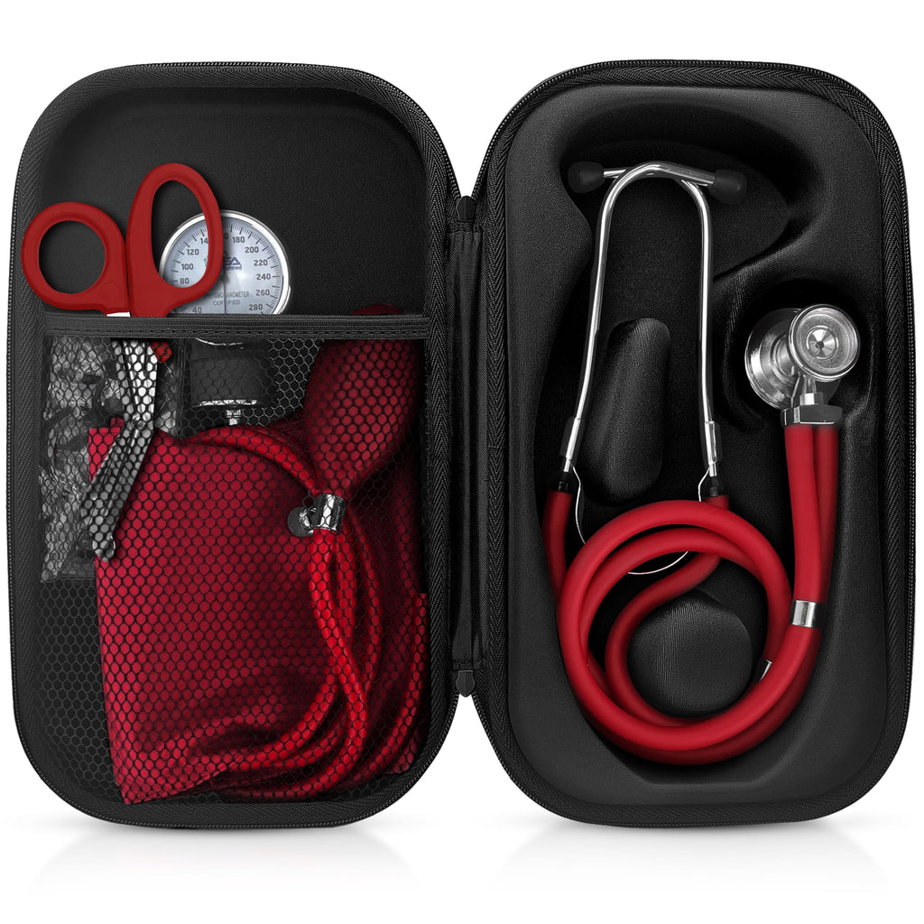ASA TECHMED Medical Starter Kit – Stethoscope, Durable Blood Pressure Monitor, EMT Shears & Protective Carrying Case – Ideal for Healthcare Students & Professionals, Red