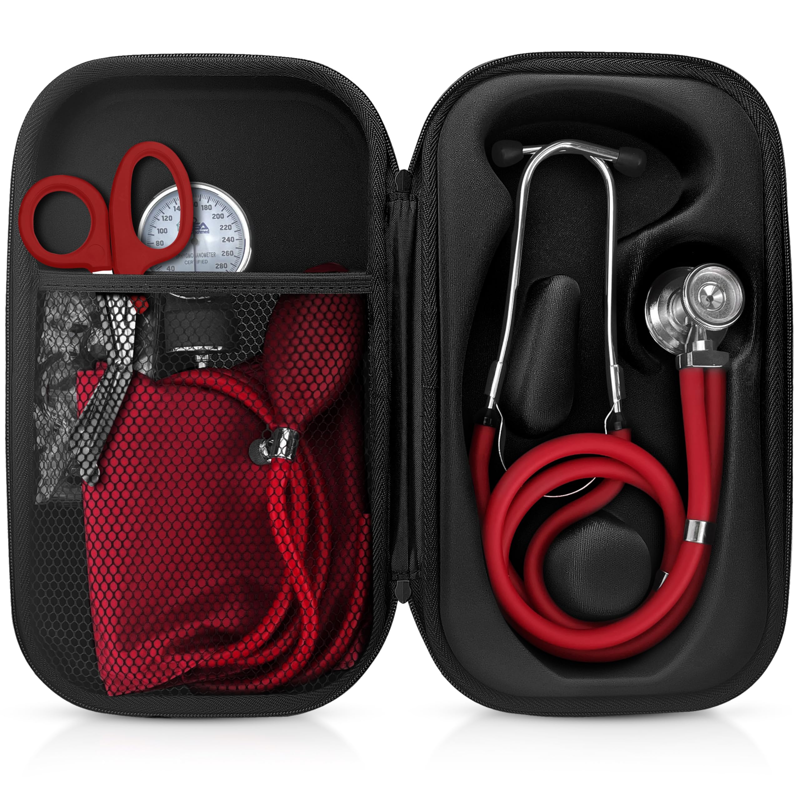 ASA TECHMED Medical Starter Kit – Stethoscope, Durable Blood Pressure Monitor, EMT Shears & Protective Carrying Case – Ideal for Healthcare Students & Professionals, Red