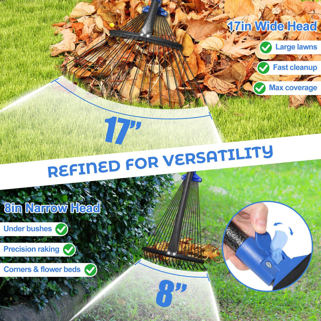 Adjustable Garden Rake for Leaves-Heavy Duty Metal Rake with 8-17" Expandable Head,Long Handle Lawn & Yard for Grass, Shrubs,Flower Beds,Camping,Outdoor Cleaning, Women & Kids