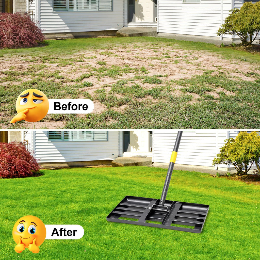 Lawn Leveling Rake, 60 Inch Adjustable Long Handle Leveling Rake, Black Heavy Duty & 1 Inch Diameter Stainless Steel Handle Lawn Rakes, Lawn Leveler Tool for Soil Grass Golf Field Yard