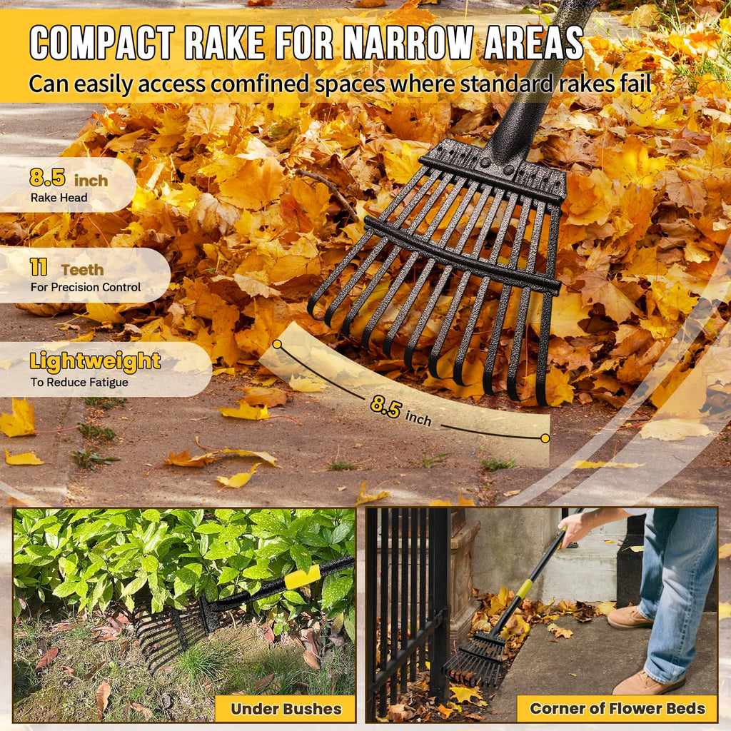 Leaf Rake, Small Rake for Leaves with 30"-60" Adjustable Long Handle, 11 Tines 8.5" Wide, Metal Rakes Heavy Duty for Lawns, Gardening, Yard, Camping, Shrub, Grass, Bush, Weed, Debris
