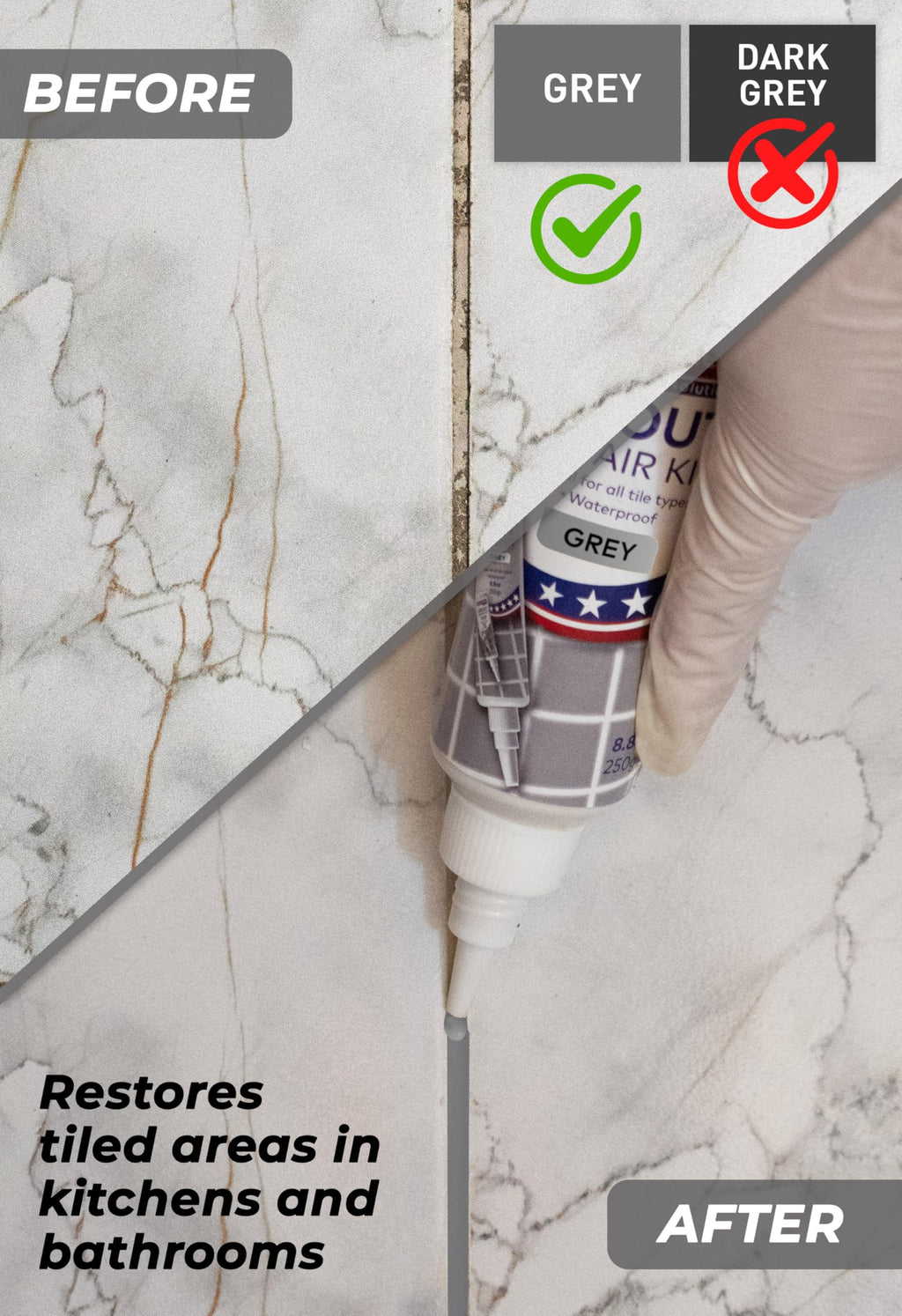 Magic Chems Tile Grout Repair, Grey 8.8 oz/250gr. Fast Drying Grout Repair Kit, Grout Filler Tube Repair Kit, Tile Grout Paint, Grout Sealer Restore and Renew Bathroom Floor, Tile Gaps, Joints, Lines