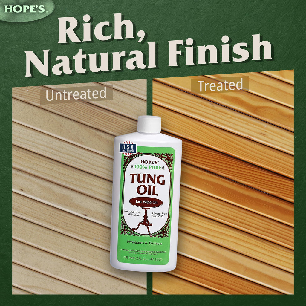 HOPE'S 100% Pure Tung Oil, Food Safe, Premium Waterproof Natural Wood Finish and Sealer for Indoor and Outdoor Projects,16 Fl Oz, 1 Pack
