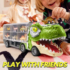 JOYIN Dinosaur Truck Toys for Kids Age 3-8, 12 Pull Back Car Vehicles, Transport Truck With Music, Roaring Sound, Flashing Lights, 1 Helicopter