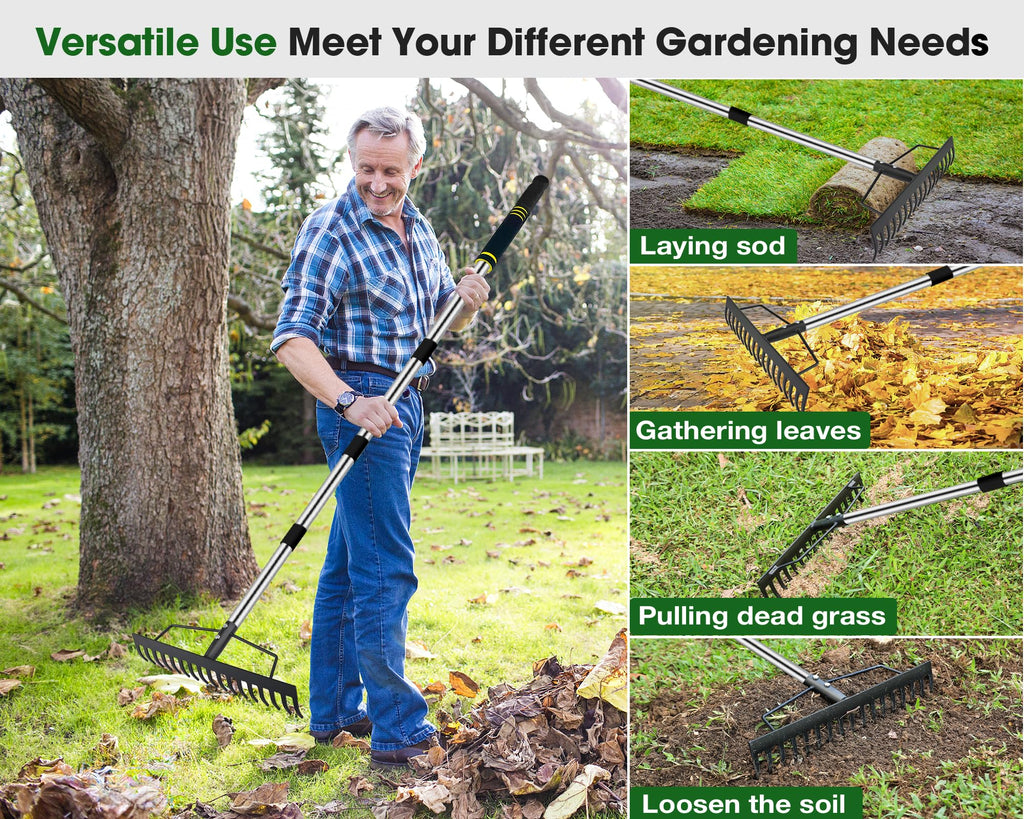 Heavy Duty Bow Rake for Lawns, 17 Tine Metal Rake Level Soil 5.58FT