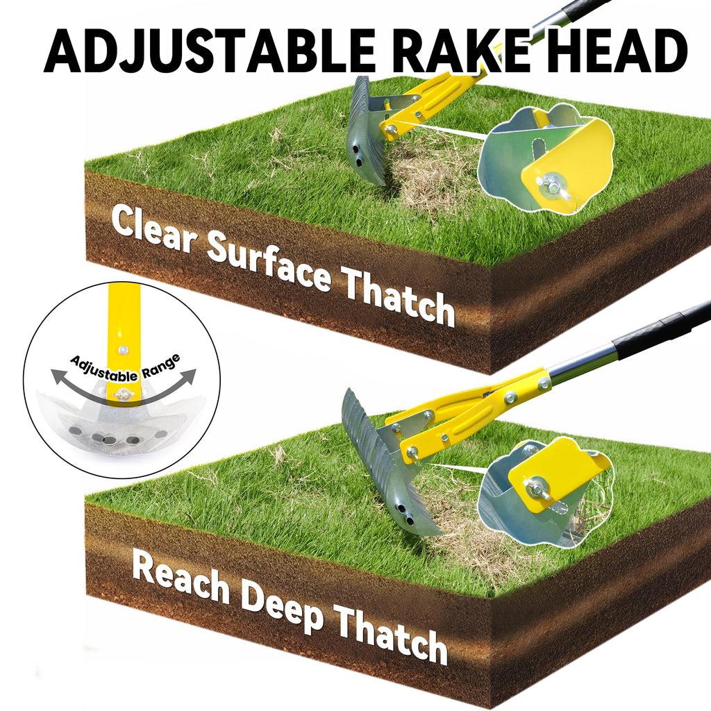 Thatch Rake for Lawn with 74inch Handle, 15 inch Dethatcher Rake for Grass to Cleaning Dead Grass, Efficient Steel Metal Rake for Dethatching, Heavy Duty Thatching Rakes for Garden, Yard