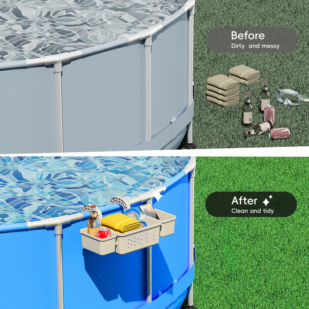 SHAPON 2026 Upgrade Poolside Storage Basket with 2 Cup Holders, Pool Drink Holder Stretchable Organizer for Drinks & Pool Supplies, Perfect Above Ground Pool Accessories for Most Frame Swimming Pools