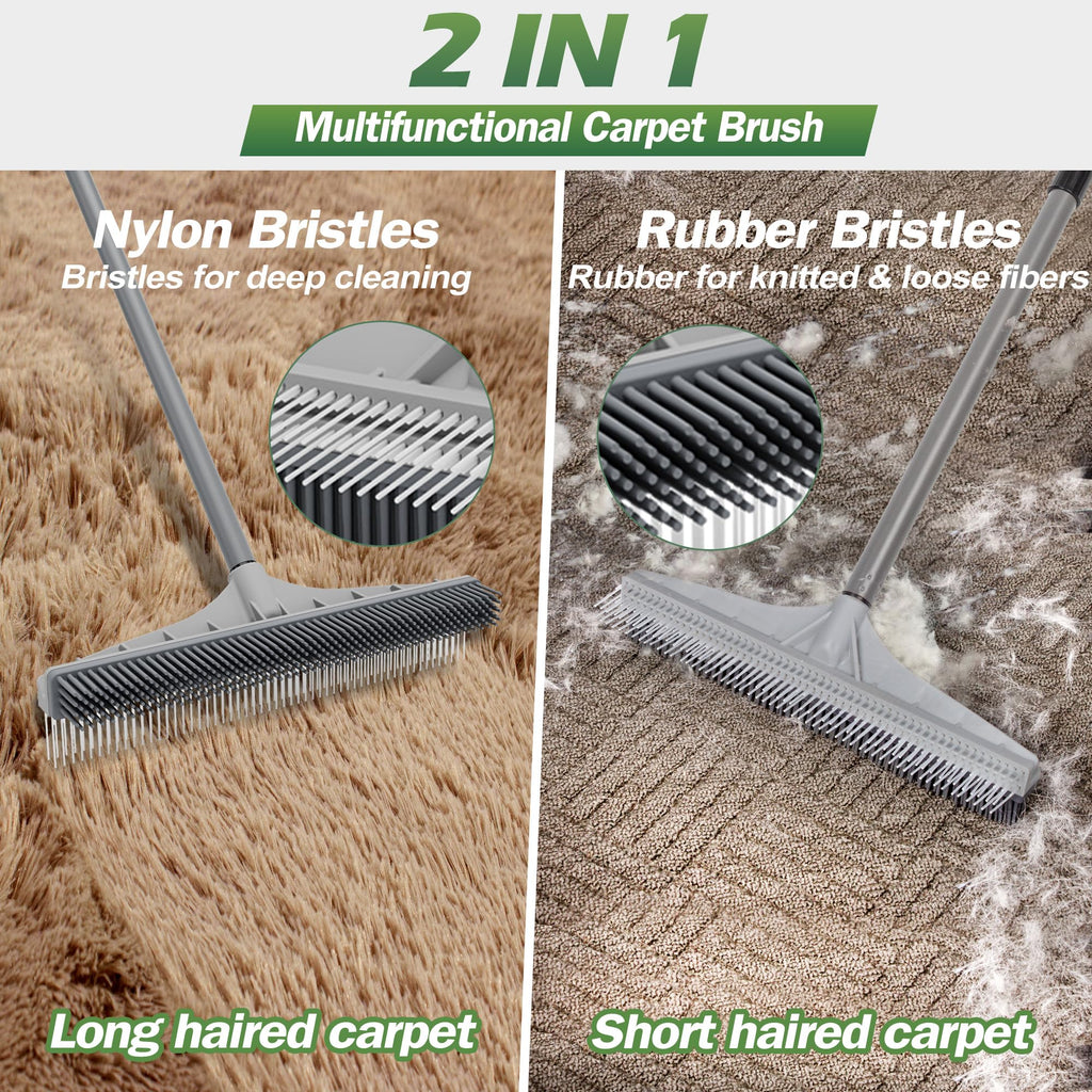 Walensee Carpet Rake for Pet Hair Removal, 2 in 1 Rug Rake to Fluff Carpet with Nylon Groomer Brush, Adjustable Long Handle for Shag Rugs, Stairs, Mats and Floors, Rubber Broom