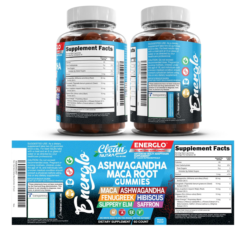 Ashwagandha Maca Root Gummies with Fenugreek Hibiscus Slippery Elm Saffron Extract & Beta Carotene | Peach Flavor Vegan Gummy Vitamins Adaptogen Cortisol Supplement Energlo by Clean Nutra (5)
