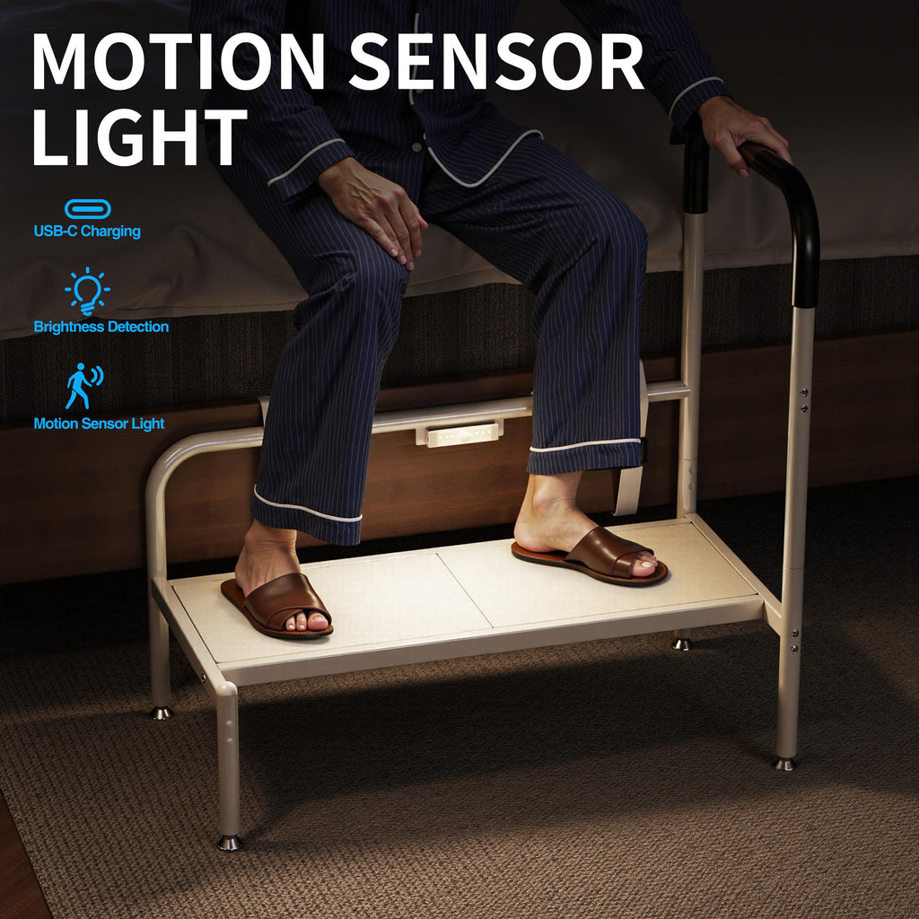 Josmimic Bed Step Stool for Adults, Bedside Steps for Elderly Seniors with Non-Slip Handle & LED Light, Stable Assist Rail for High Beds