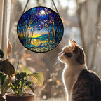 QZQCBLC Stained Glass Window Hanging Blue Purple Forest Trees Landscape Moon 6.3" - Suncatcher Door Garden Sun Catcher Home Decor Birthday Christmas for Mom Men Woman Nana