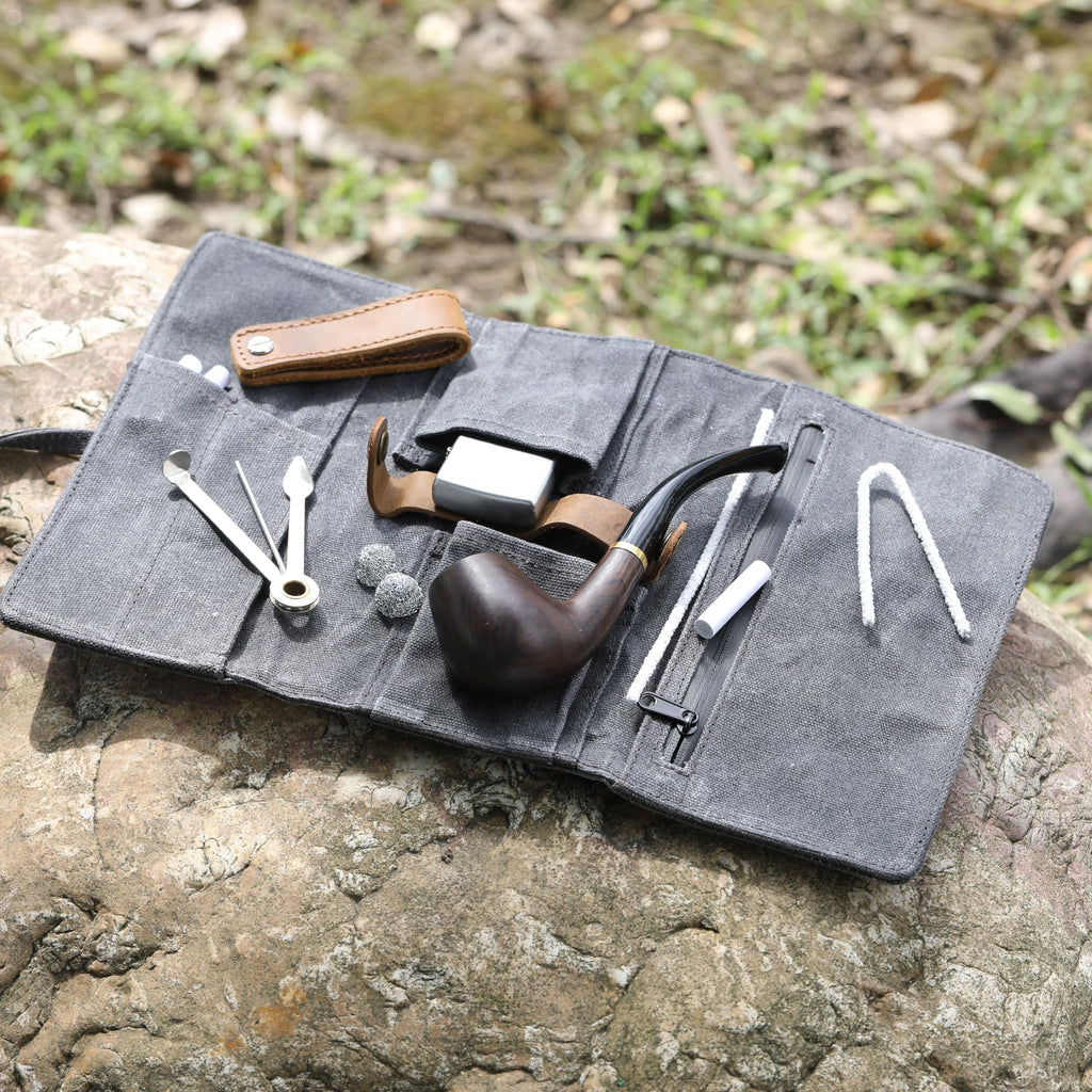 Whitluck's Waxed Canvas Tobacco Smoking Pipe Pouch with Leather Pipe Stand, Travel Pipe Case Bag for 2 Pipes and Other Accessories (Charcoal Grey)